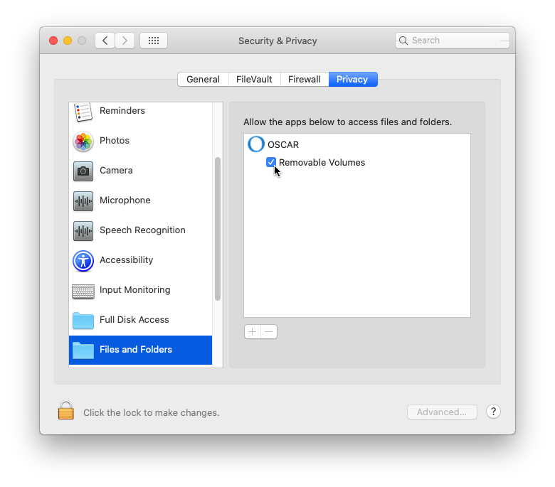 Allow OSCAR to access removable volumes in the Security & Privacy preference pane